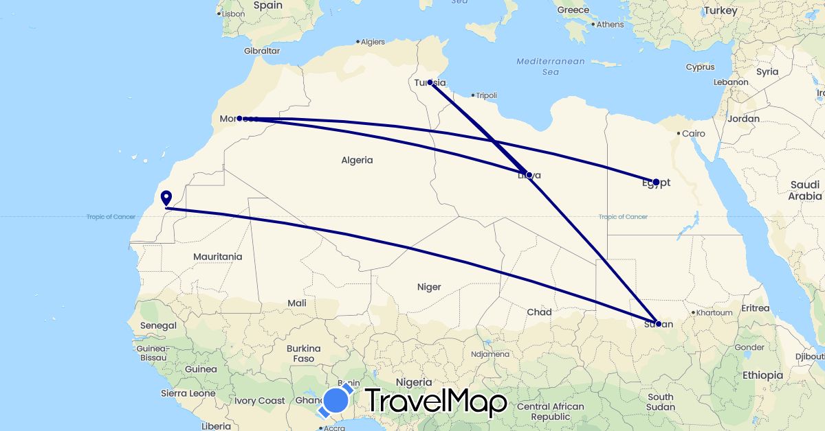 TravelMap itinerary: driving in Egypt, Libya, Morocco, Sudan, Tunisia (Africa)