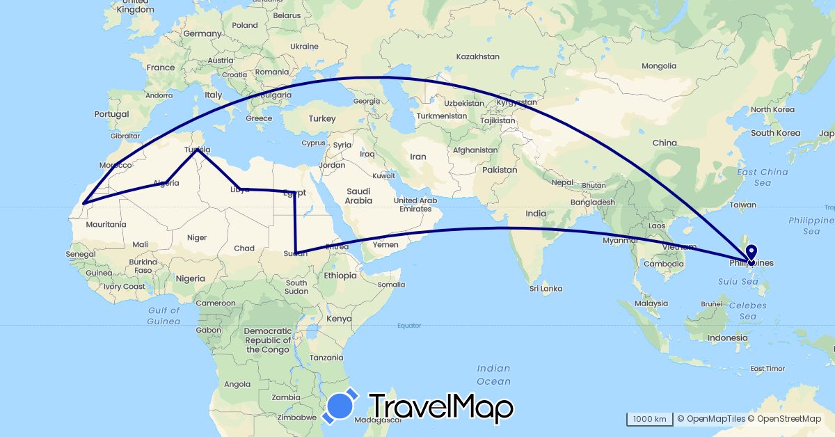 TravelMap itinerary: driving in Algeria, Egypt, Libya, Morocco, Philippines, Sudan, Tunisia (Africa, Asia)